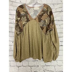 Women's Sugarfox Brown Polka Dot Paisley Long‎ Sleeve Baby Doll Blouse S